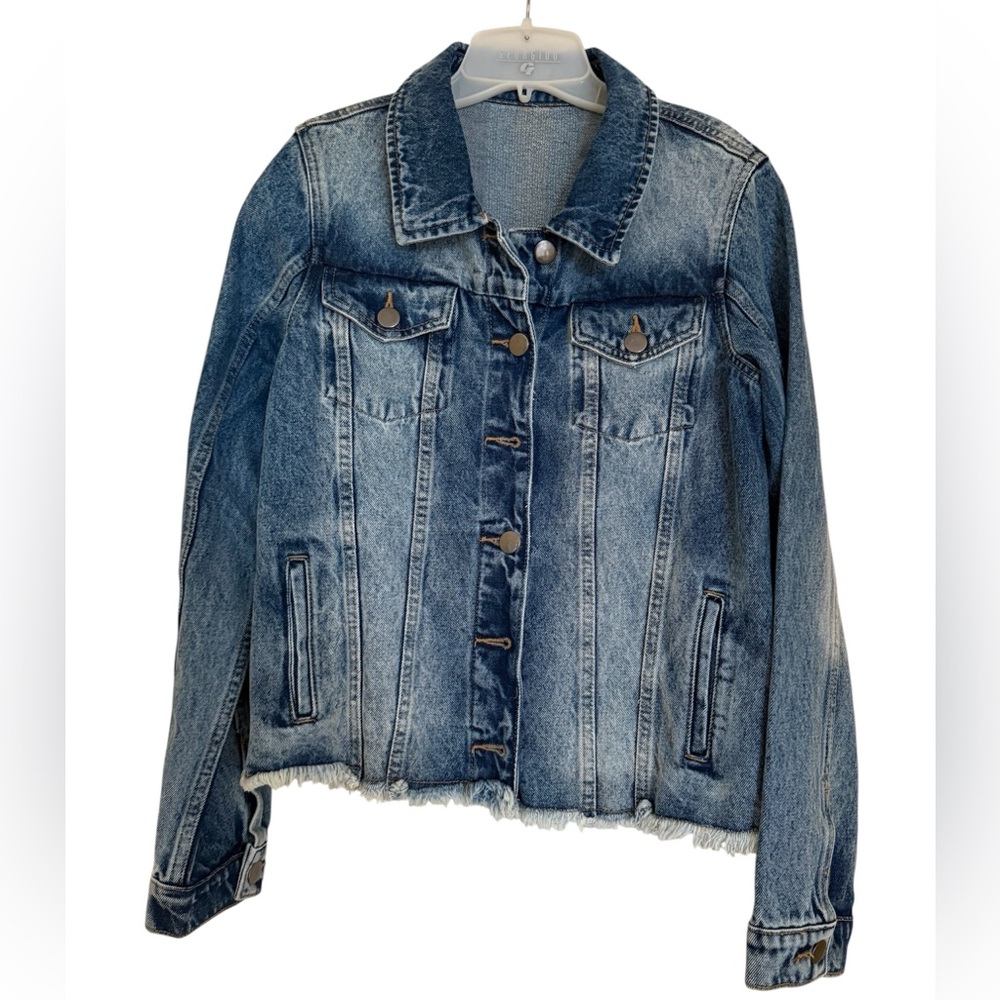 Evil Eye Embroidered Denim Jacket Boho Festival Statement S/M Blue NWT